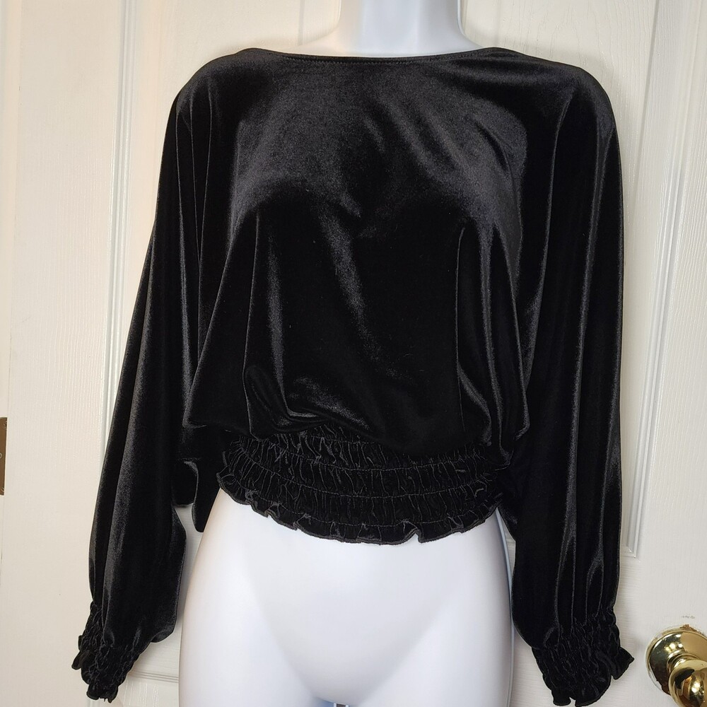 Vince Camuto XL Black Stretch Velvet Smocked Waist Dolman Sleeve Blouse EUC